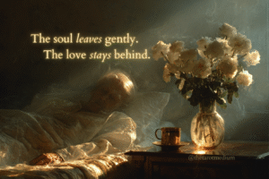Translucent soul leaving an elderly body in hospice during golden hour with white flowers beside the bed. 