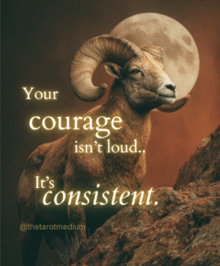 Aries zodiac ram on a cliff at dusk in fiery reds and golds with dramatic negative space for tarot quote overlay.