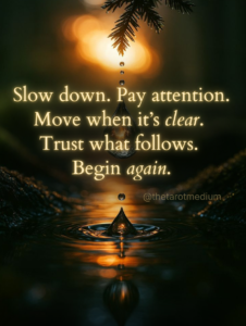 Dark night nature scene with deep stillness and open space, symbolizing pause and awareness, with the quote “Slow down. Pay attention. Move when it’s clear. Trust what follows. Begin again.”