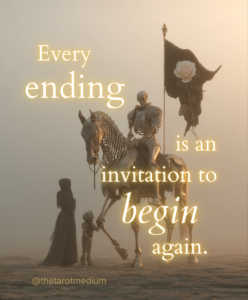Photorealistic Death card scene with a skeleton on a white horse holding a black flag, with a child reaching toward him and others in awe or fear.