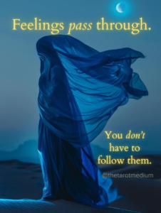 A blue-veiled feminine silhouette walking beneath a crescent moon at night, symbolizing emotional intuition and inner restraint. The image includes the quote: “Feelings pass through. You don’t have to follow them.”