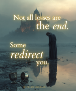 Photorealistic depiction of a figure in black staring at spilled cups with two hidden behind them, symbolizing grief, perspective, and emotional renewal in tarot.