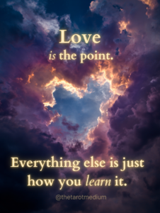 Heart-shaped cloud in the sky with the quote “Love is the point. Everything else is just how you learn it.”
