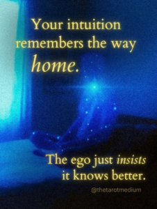 A translucent human figure sitting cross-legged on a bed in a quiet bedroom, with a glowing star system visible inside the body. The image includes the quote: “Your inner knowing remembers the way. The ego just insists it knows better.”