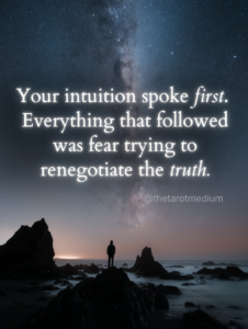 Milky Way galaxy over dark night sky reflecting on still landscape, evoking surrender and vastness, with the quote “Your intuition spoke first. Everything that followed was fear trying to renegotiate the truth.”