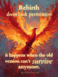 A phoenix rising from embers with the quote “Rebirth doesn’t ask permission. It happens when the old version can’t survive anymore.”