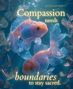 Two fish swirling underwater with lavender and turquoise beams and vertical space for overlay text.