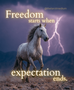 Wild mustang rearing during lightning storm with massive sky for caption space.