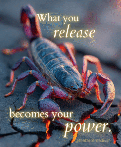 Black scorpion on cracked desert ground with stormy sky and dark negative space: “What you release becomes your power.”
