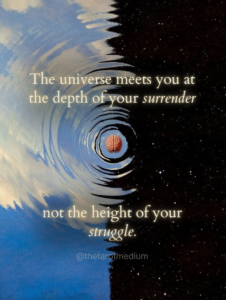 A small human brain resting in still water beneath outer space with the quote “The universe meets you at the depth of your surrender, not the height of your struggle.” Pinterest Title