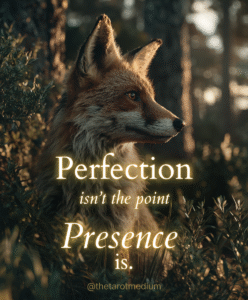 : A fox curled in sage-colored grass with blurred space for inspirational text: “Perfection isn’t the point — presence is.”