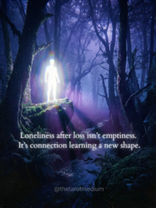 Glowing light figure in dark void-like space, symbolizing loneliness after loss as connection reshaping, psychic medium spirituality, and grief healing.