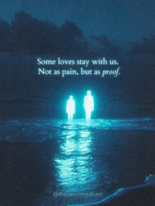 Luminous figure reflected in water at night, symbolizing enduring love and remembrance, with the quote “Some loves stay with us. Not as pain, but as proof.”