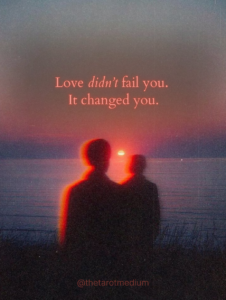 Illuminated light figure standing quietly in darkness, symbolizing transformation after loss, with the quote “Love didn’t fail you. It changed you.”