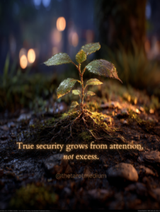 Close-up of rich soil with smooth stones and a small green plant emerging, lit by warm light with cool shadows, symbolizing grounded stability and care. Text on image reads: “True security grows from attention, not excess.”