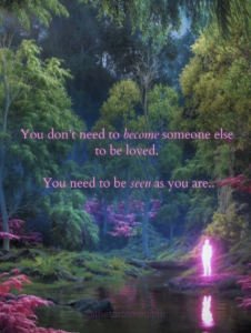 Soft glowing human silhouette surrounded by calm darkness, representing authenticity and emotional safety, with the quote “You don’t need to become someone else to be loved. You need to be seen as you are.”