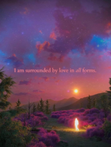 Softly glowing human silhouette standing calmly within an open, luminous space, symbolizing connection and wholeness, with the quote “I am surrounded by love in all forms.”