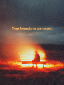A person sits quietly on a park bench facing the open ocean, with a subtle spiritual fire glowing around them, suggesting inner vitality protected amid vast surroundings. 