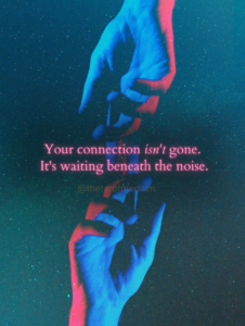Two hands reach toward each other—one upward from below, one downward from above—creating a bridge across empty space, symbolizing the persistent link that exists even when it feels distant. 