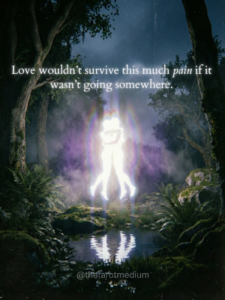 Bright spirit figure glowing with prismatic light in a dark void, representing enduring love, life after death, grief, and spiritual continuation.