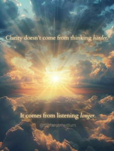 Expansive sky with layered clouds parting to reveal clear blue tones, warm light touching the edges and cool shadows remaining, symbolizing mental clarity and discernment. Text on image reads: “Clarity doesn’t come from thinking harder. It comes from listening longer.”