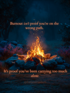Small controlled campfire burning on natural ground with glowing embers and low flames, surrounded by darkness, symbolizing contained energy and restoration. Text on image reads: “Burnout isn’t proof you’re on the wrong path. It’s proof you’ve been carrying too much alone.”