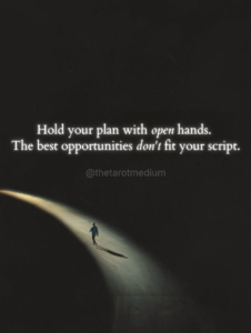 Person walking illuminated winding path through darkness with quote: Hold your plan with open hands. The best opportunities don't fit your script.