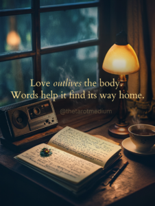 Love outlives the body. Words help it find its way home. An unfinished handwritten letter with a fountain pen resting beside it on a wooden desk in warm lamplight, representing the practice of leaving legacy messages and love letters for those we leave behind.