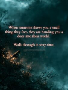A single small vivid bird perched on a bare branch, warmly lit against a vast moody teal dusk sky, with the quote "When someone shows you a small thing they love, they are handing you a door into their world. Walk through it every time."
