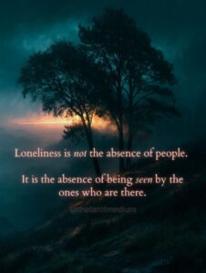 Two tall trees on a misty hillside at dusk leaning subtly apart, teal and gold light between them, with the quote "Loneliness is not the absence of people. It is the absence of being seen by the ones who are there."