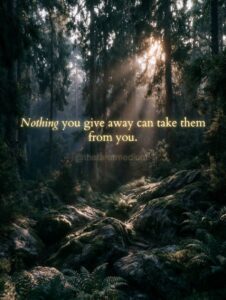 A single golden shaft of light breaking through a dark forest onto mossy rocks, with the quote "Nothing you give away can take them from you." From The Tarot Medium on whether objects hold energy after someone dies.