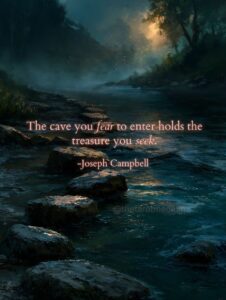 A path of stepping stones crossing a misty stream toward warm gold light with only the first stone lit, teal and gold, with the Joseph Campbell quote "The cave you fear to enter holds the treasure you seek."