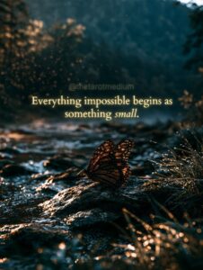 A monarch butterfly resting on a sunlit rock beside a morning stream, with the quote "Everything impossible begins as something small." From The Tarot Medium on starting to sort a loved one's belongings.