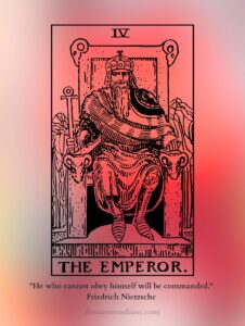 The Emperor tarot card upright, a bearded ruler seated on a grey stone throne carved with four ram heads, holding an ankh scepter and golden orb with barren mountains rising behind him. Structure is what love builds when it plans to stay.