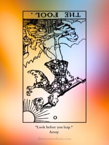 The Fool tarot card reversed, the cliff edge and satchel inverted for recklessness, hesitation, and fear of change. Every new beginning starts with a step you cannot see.