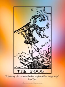 The Fool tarot card upright, a young traveler stepping toward the cliff edge with a white rose, a small satchel, and a dog at their heel. Every new beginning starts with a step you cannot see.
