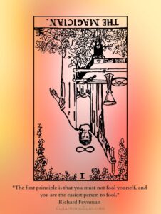 The Magician tarot card reversed, the raised wand and four elemental tools inverted for manipulation, untapped talent, and self-deception. Everything you need is already on the table.