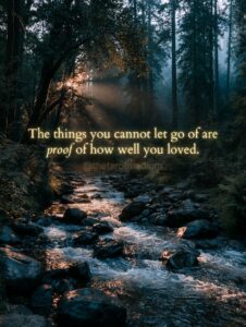Two forest streams merging in golden mist with the quote "The things you cannot let go of are proof of how well you loved." From The Tarot Medium on why it's so hard to part with a loved one's belongings.