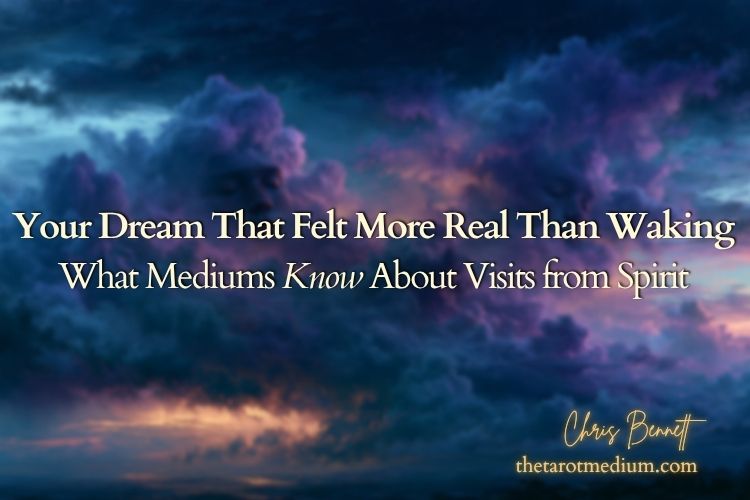 Vast billowing violet and indigo clouds softly suggesting serene sleeping faces within their forms, lit by warm gold light from below, the hero image for The Tarot Medium's article on visitation dreams.